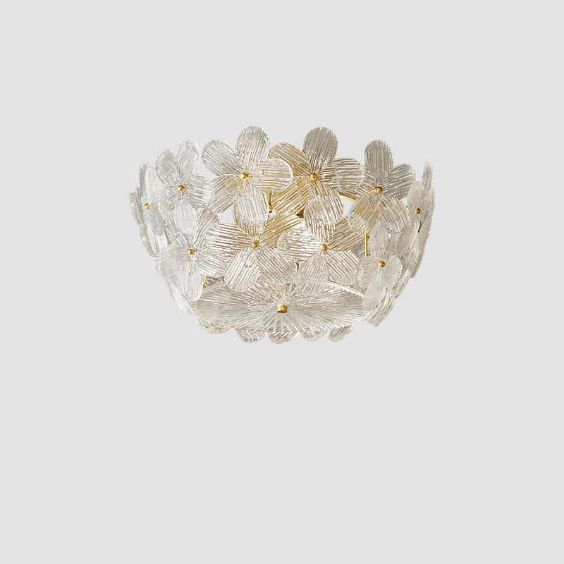 Traditional French Semicircle Round Flower Brass Glass 4-Light Flush Mount Ceiling Light For Living Room