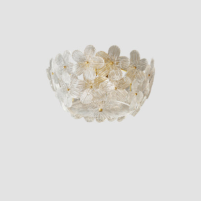 Traditional French Semicircle Round Flower Brass Glass 4-Light Flush Mount Ceiling Light For Living Room