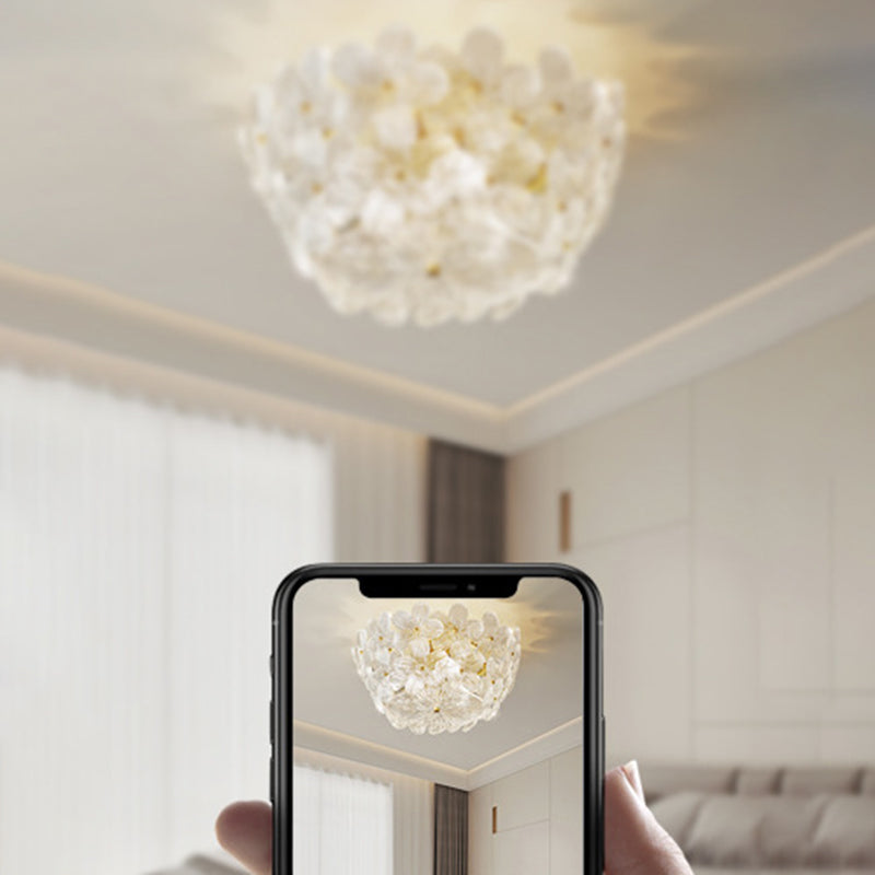 Traditional French Semicircle Round Flower Brass Glass 4-Light Flush Mount Ceiling Light For Living Room