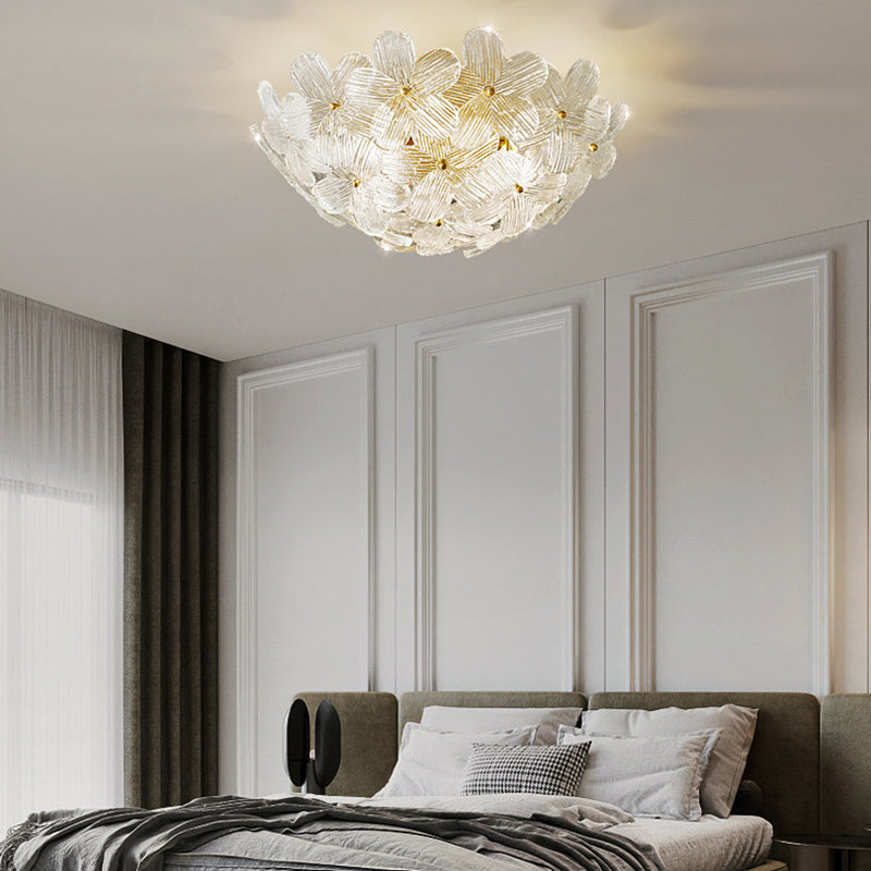 Traditional French Semicircle Round Flower Brass Glass 4-Light Flush Mount Ceiling Light For Living Room