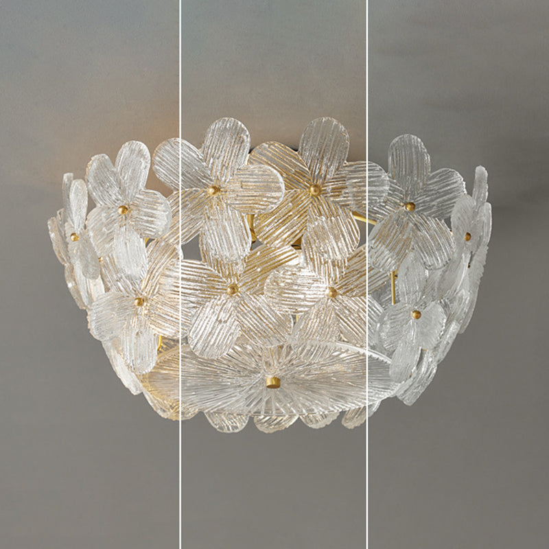 Traditional French Semicircle Round Flower Brass Glass 4-Light Flush Mount Ceiling Light For Living Room