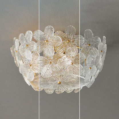 Traditional French Semicircle Round Flower Brass Glass 4-Light Flush Mount Ceiling Light For Living Room