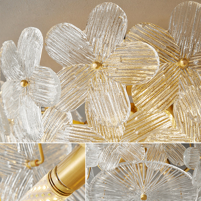Traditional French Semicircle Round Flower Brass Glass 4-Light Flush Mount Ceiling Light For Living Room