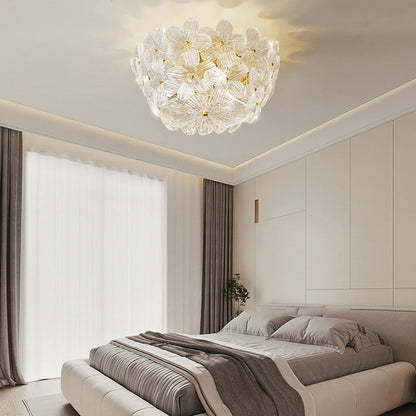 Traditional French Semicircle Round Flower Brass Glass 4-Light Flush Mount Ceiling Light For Living Room