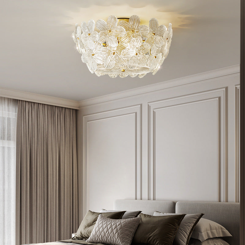 Traditional French Semicircle Round Flower Brass Glass 4-Light Flush Mount Ceiling Light For Living Room