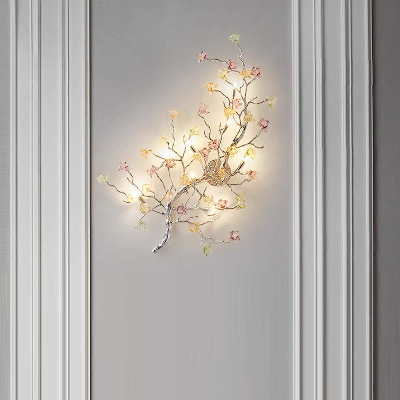 Modern Luxury Branches Rose Disc Base Aluminum Glass 8-Light Wall Sconce Lamp For Living Room