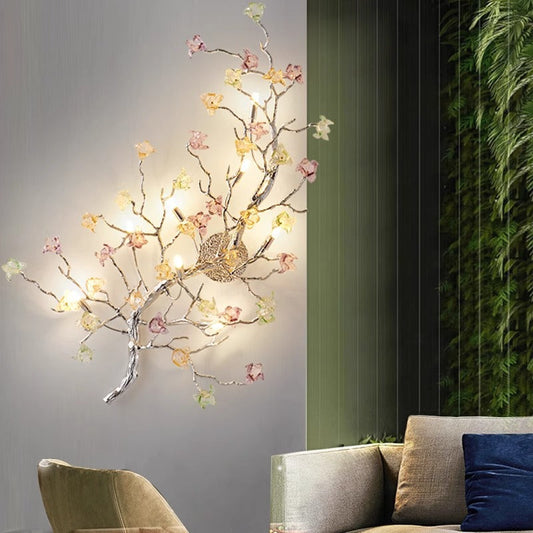 Modern Luxury Branches Rose Disc Base Aluminum Glass 8-Light Wall Sconce Lamp For Living Room
