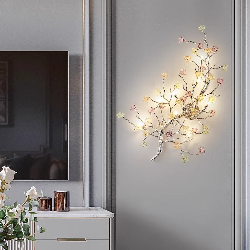Modern Luxury Branches Rose Disc Base Aluminum Glass 8-Light Wall Sconce Lamp For Living Room