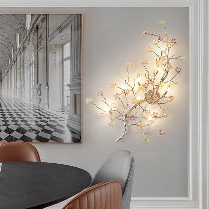 Modern Luxury Branches Rose Disc Base Aluminum Glass 8-Light Wall Sconce Lamp For Living Room
