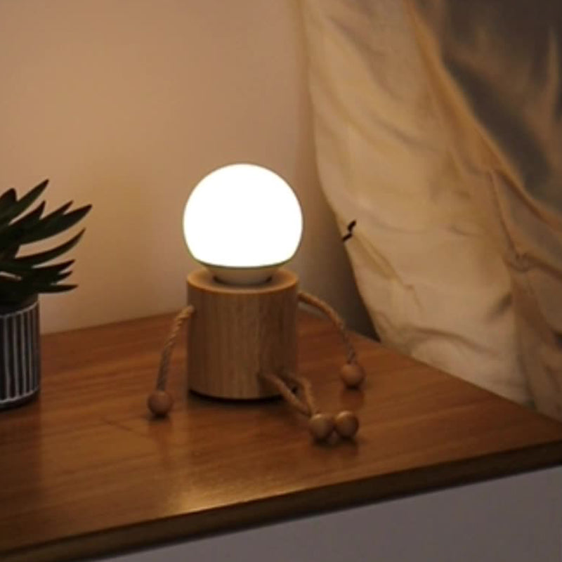 Contemporary Creative Wooden Man Cylinder Ball Wood Sisal Acrylic LED Table Lamp For Bedroom