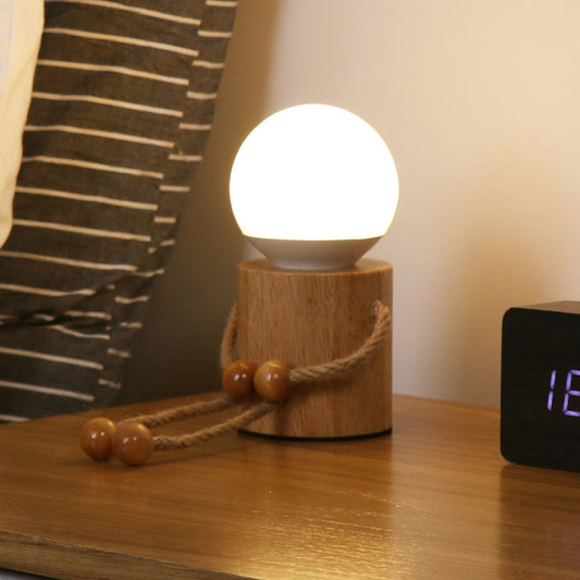 Contemporary Creative Wooden Man Cylinder Ball Wood Sisal Acrylic LED Table Lamp For Bedroom