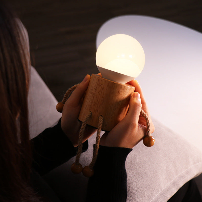 Contemporary Creative Wooden Man Cylinder Ball Wood Sisal Acrylic LED Table Lamp For Bedroom