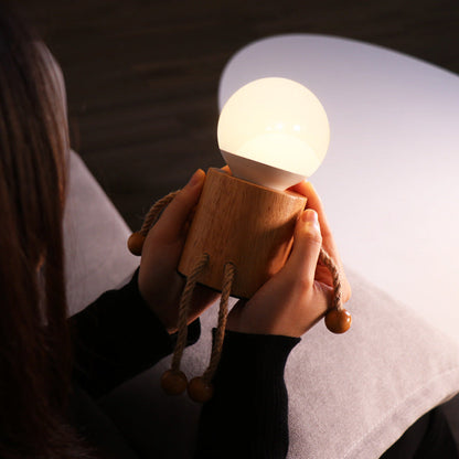 Contemporary Creative Wooden Man Cylinder Ball Wood Sisal Acrylic LED Table Lamp For Bedroom