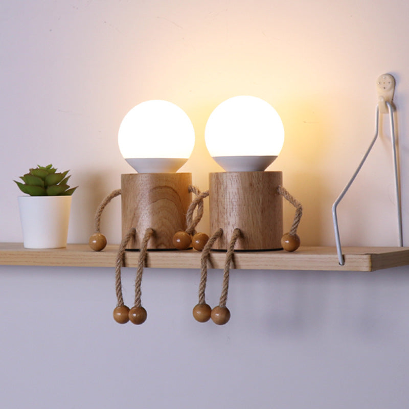 Contemporary Creative Wooden Man Cylinder Ball Wood Sisal Acrylic LED Table Lamp For Bedroom