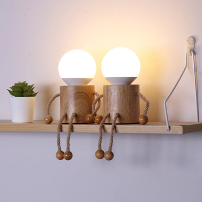 Contemporary Creative Wooden Man Cylinder Ball Wood Sisal Acrylic LED Table Lamp For Bedroom