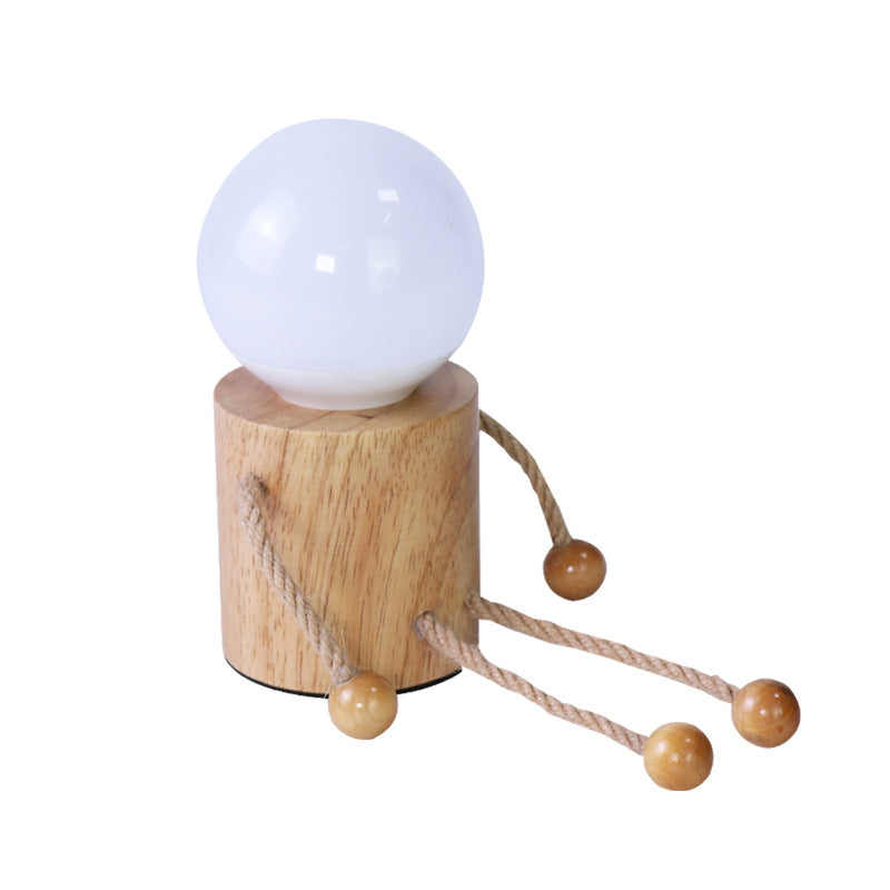 Contemporary Creative Wooden Man Cylinder Ball Wood Sisal Acrylic LED Table Lamp For Bedroom