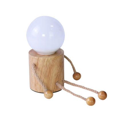 Contemporary Creative Wooden Man Cylinder Ball Wood Sisal Acrylic LED Table Lamp For Bedroom