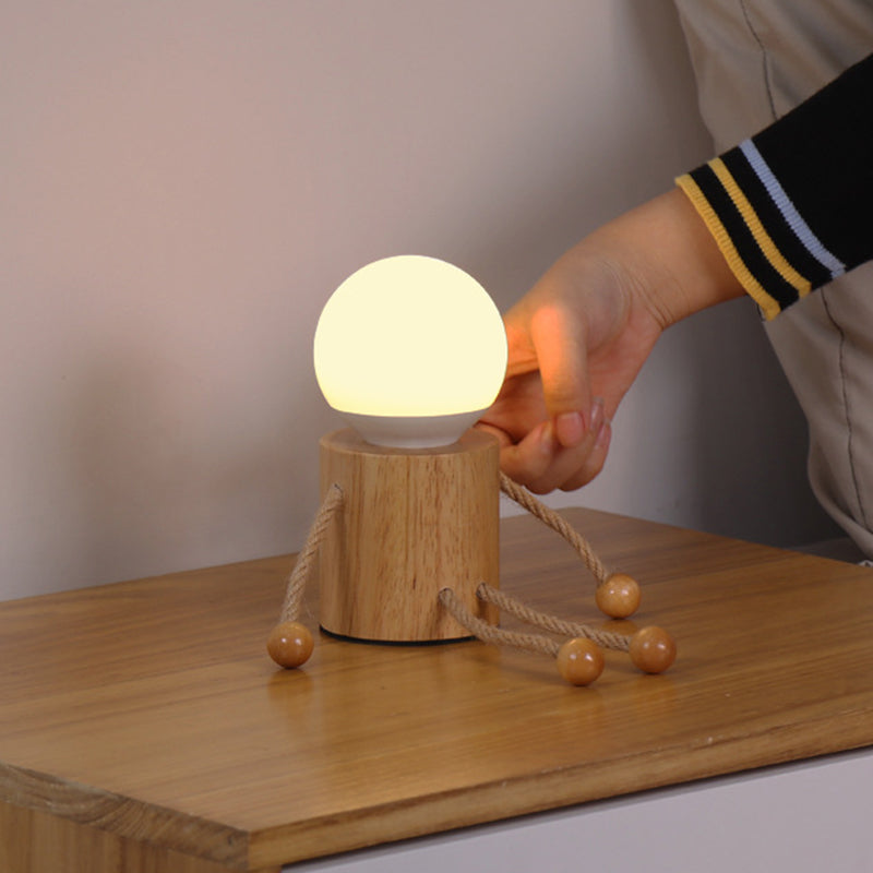Contemporary Creative Wooden Man Cylinder Ball Wood Sisal Acrylic LED Table Lamp For Bedroom