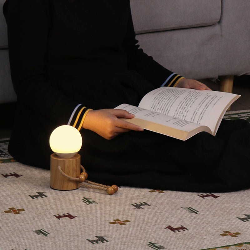 Contemporary Creative Wooden Man Cylinder Ball Wood Sisal Acrylic LED Table Lamp For Bedroom