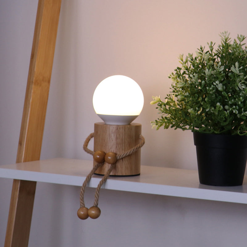 Contemporary Creative Wooden Man Cylinder Ball Wood Sisal Acrylic LED Table Lamp For Bedroom