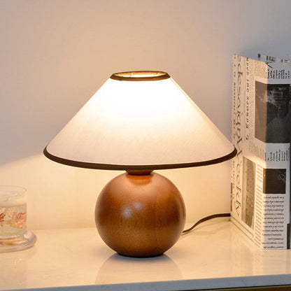 Traditional Vintage Round Table Ball Wooden Fabric 1-Light Table Lamp For Bedroom