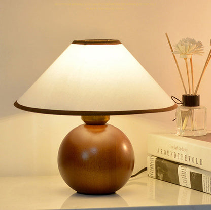 Traditional Vintage Round Table Ball Wooden Fabric 1-Light Table Lamp For Bedroom