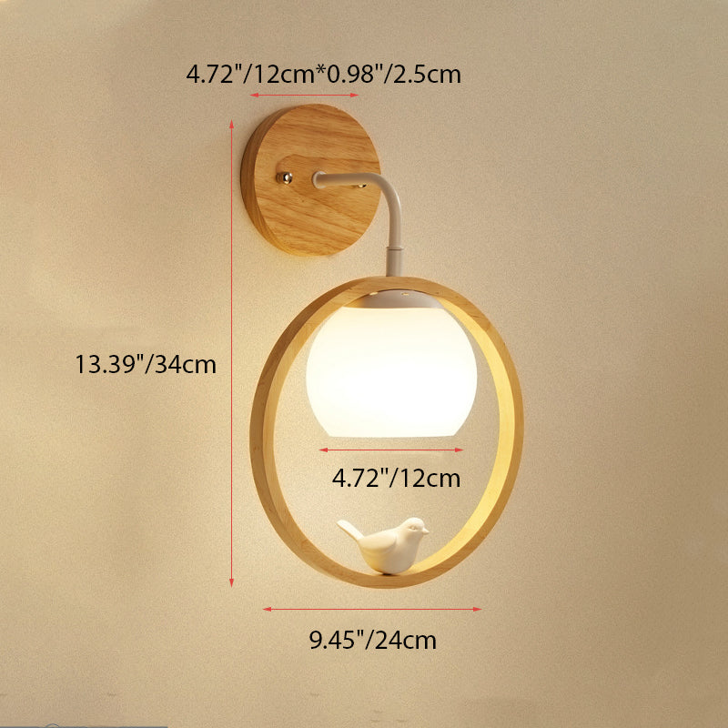 Contemporary Scandinavian Circle Spherical Bird Disc Base Wooden Glass 1-Light Wall Sconce Lamp For Bedroom