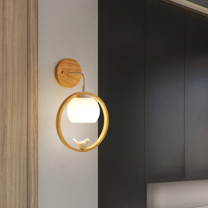 Contemporary Scandinavian Circle Spherical Bird Disc Base Wooden Glass 1-Light Wall Sconce Lamp For Bedroom