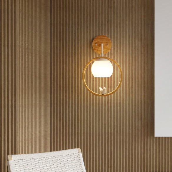 Contemporary Scandinavian Circle Spherical Bird Disc Base Wooden Glass 1-Light Wall Sconce Lamp For Bedroom