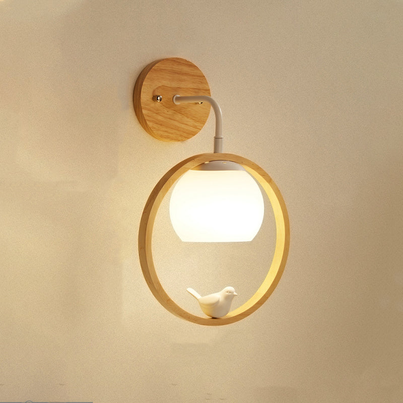 Contemporary Scandinavian Circle Spherical Bird Disc Base Wooden Glass 1-Light Wall Sconce Lamp For Bedroom