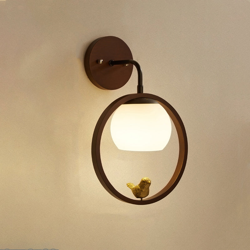 Contemporary Scandinavian Circle Spherical Bird Disc Base Wooden Glass 1-Light Wall Sconce Lamp For Bedroom
