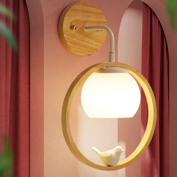 Contemporary Scandinavian Circle Spherical Bird Disc Base Wooden Glass 1-Light Wall Sconce Lamp For Bedroom