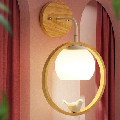 Contemporary Scandinavian Circle Spherical Bird Disc Base Wooden Glass 1-Light Wall Sconce Lamp For Bedroom
