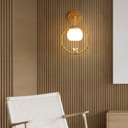 Contemporary Scandinavian Circle Spherical Bird Disc Base Wooden Glass 1-Light Wall Sconce Lamp For Bedroom