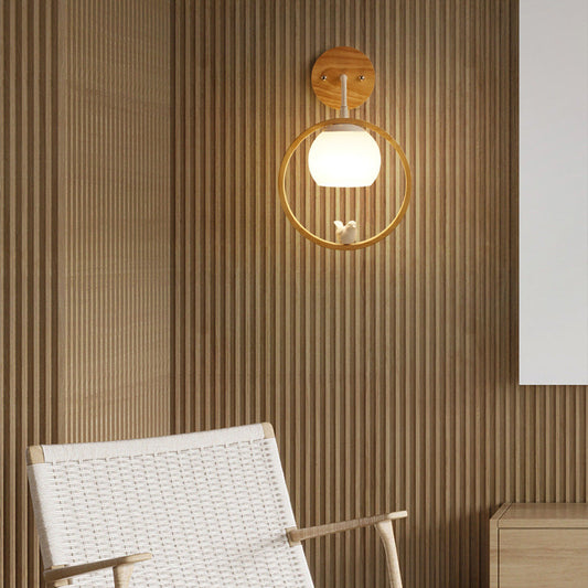 Contemporary Scandinavian Circle Spherical Bird Disc Base Wooden Glass 1-Light Wall Sconce Lamp For Bedroom