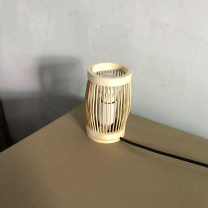 Traditional Japanese Oval Round Bar Hollow Bamboo 1-Light Table Lamp For Bedroom