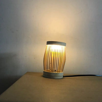 Traditional Japanese Oval Round Bar Hollow Bamboo 1-Light Table Lamp For Bedroom