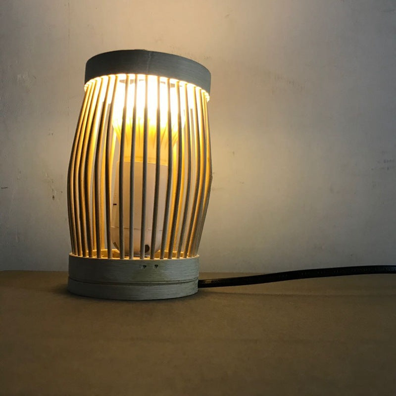 Traditional Japanese Oval Round Bar Hollow Bamboo 1-Light Table Lamp For Bedroom