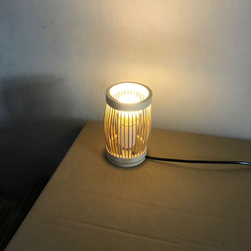 Traditional Japanese Oval Round Bar Hollow Bamboo 1-Light Table Lamp For Bedroom