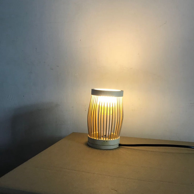 Traditional Japanese Oval Round Bar Hollow Bamboo 1-Light Table Lamp For Bedroom
