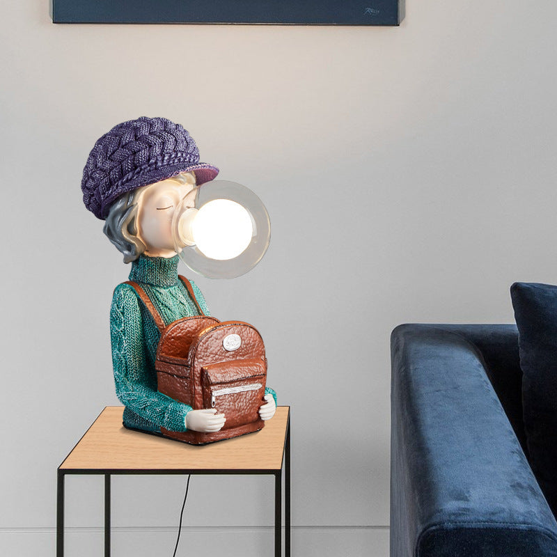 Contemporary Creative Girl Bubbles Vase Backpack Resin Glass 1-Light Table Lamp For Bedroom