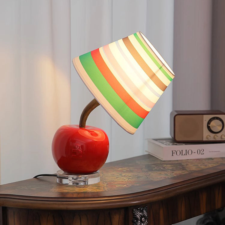 Contemporary Creative Cute Apple Rainbow Stripe Curved Ball Round Table Resin Hardware Fabric 1-Light Table Lamp For Bedroom