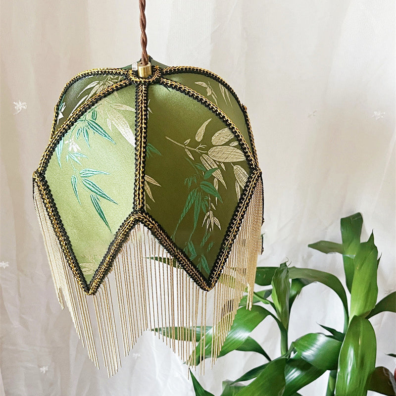 Traditional Vintage Semicircle Triangle Tassel Disc Base Iron Fabric 1-Light Pendant Light For Bedroom