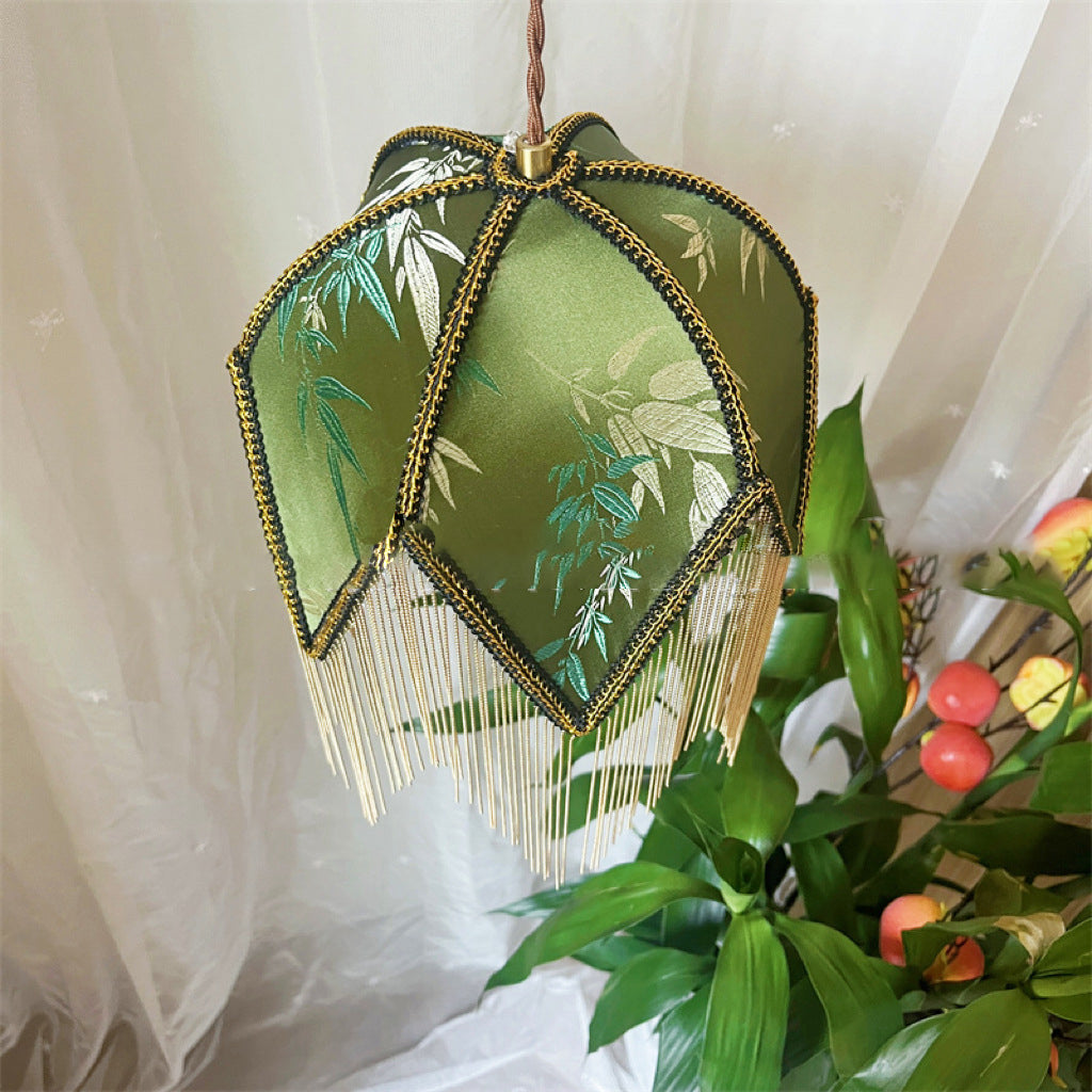 Traditional Vintage Semicircle Triangle Tassel Disc Base Iron Fabric 1-Light Pendant Light For Bedroom