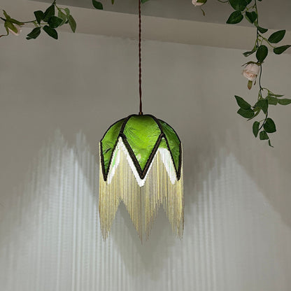 Traditional Vintage Semicircle Triangle Tassel Disc Base Iron Fabric 1-Light Pendant Light For Bedroom