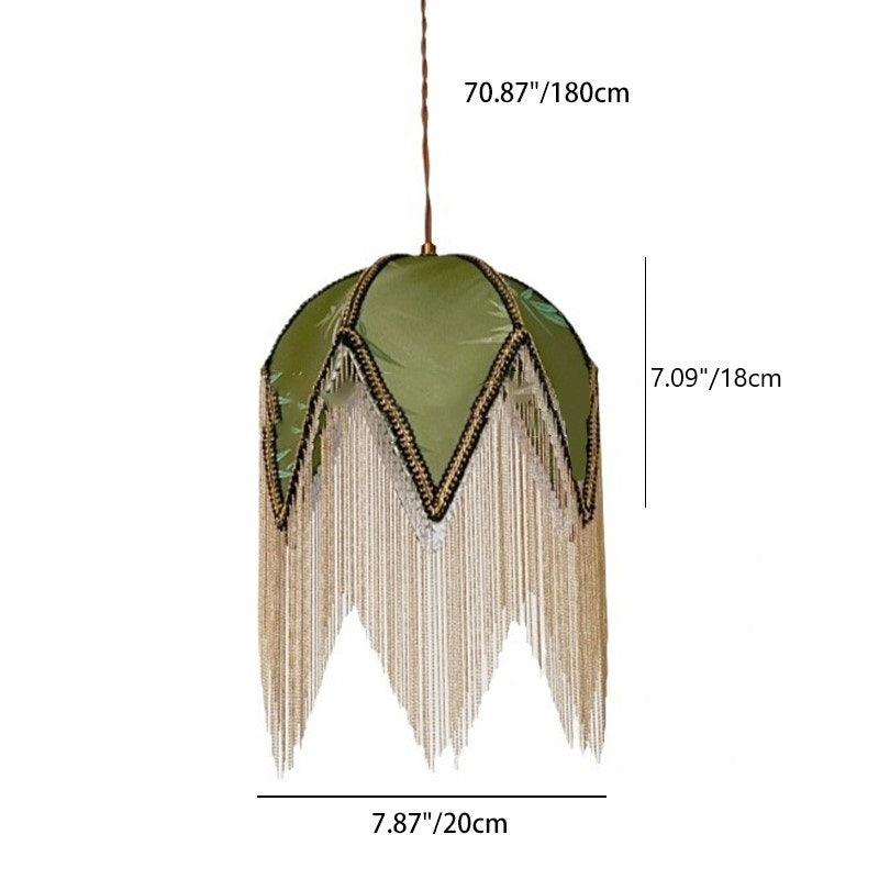 Traditional Vintage Semicircle Triangle Tassel Disc Base Iron Fabric 1-Light Pendant Light For Bedroom