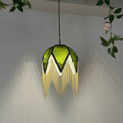 Traditional Vintage Semicircle Triangle Tassel Disc Base Iron Fabric 1-Light Pendant Light For Bedroom