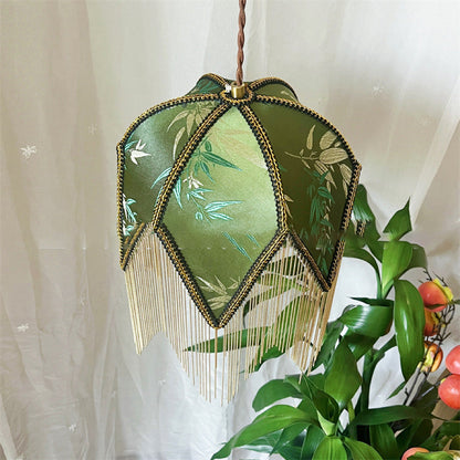 Traditional Vintage Semicircle Triangle Tassel Disc Base Iron Fabric 1-Light Pendant Light For Bedroom