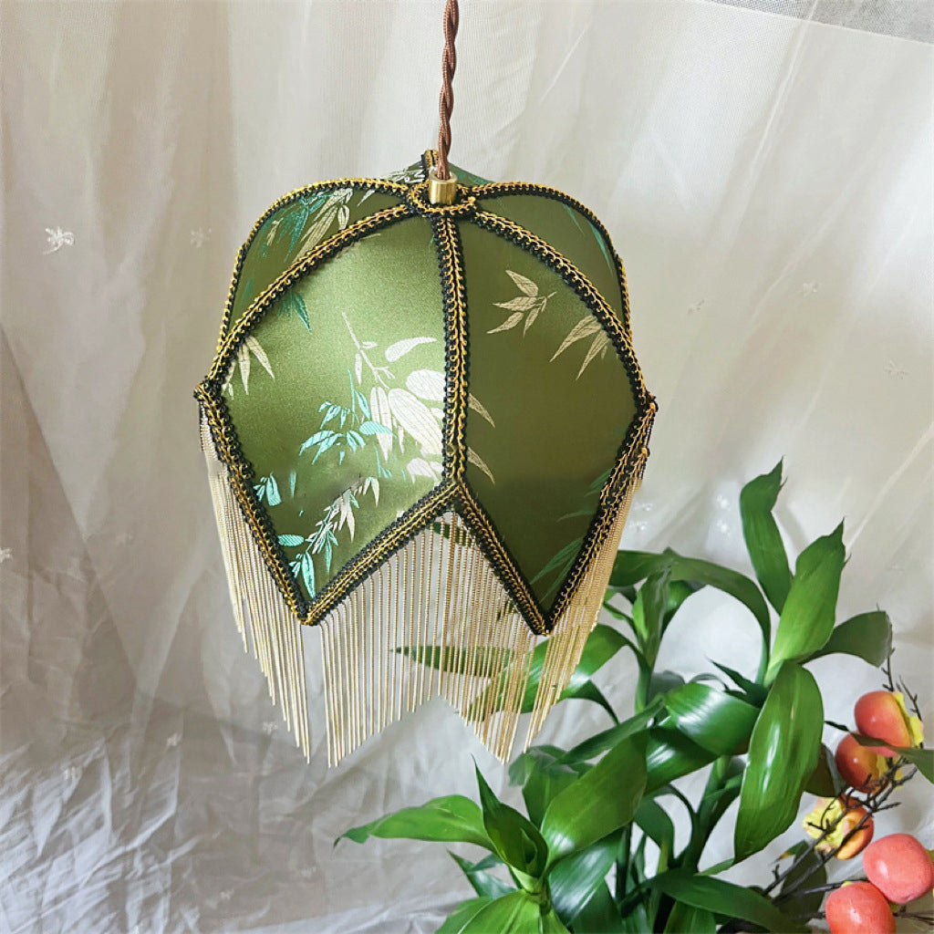 Traditional Vintage Semicircle Triangle Tassel Disc Base Iron Fabric 1-Light Pendant Light For Bedroom