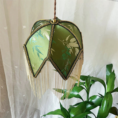 Traditional Vintage Semicircle Triangle Tassel Disc Base Iron Fabric 1-Light Pendant Light For Bedroom